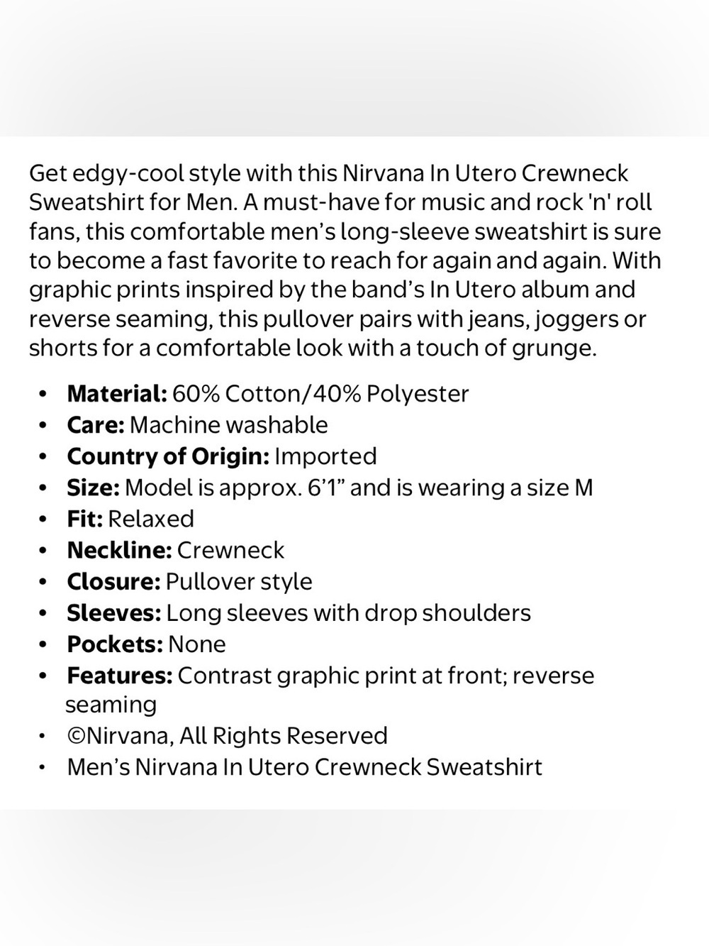 NWOT Nirvana Men's In Utero Crewneck Sweatshirt sz XS - Picture 3 of 7